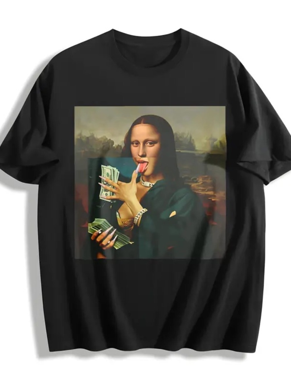 Mona Lisa counting stacks money graphic black Tshirt men’s size large